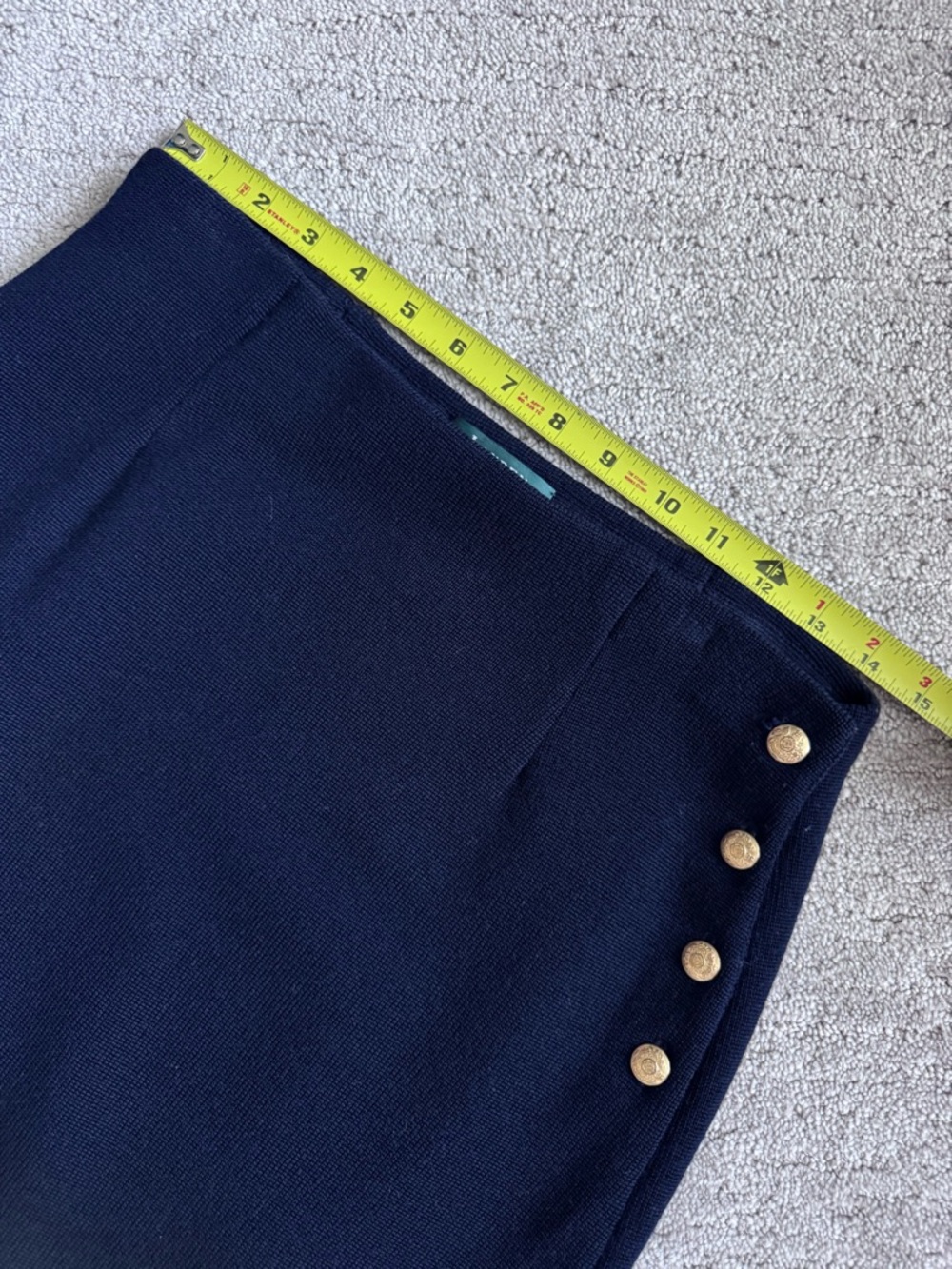 Lauren Ralph Lauren Merino Wool Midi Skirt Navy Gold Button Slit M - Picture 9 of 10